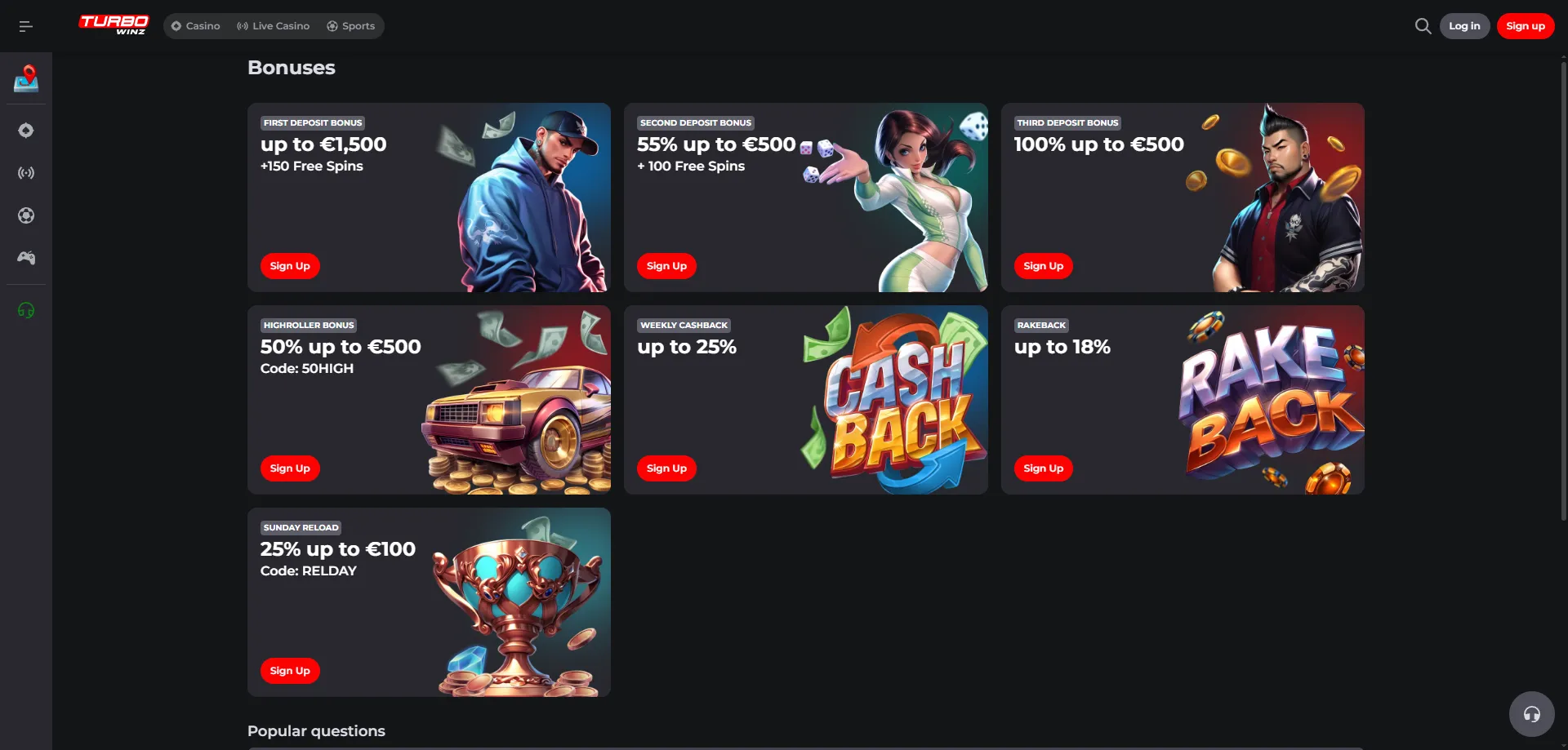 Turbowinz Casino bonus di benvenuto fino a 1500 euro e 250 giri gratis