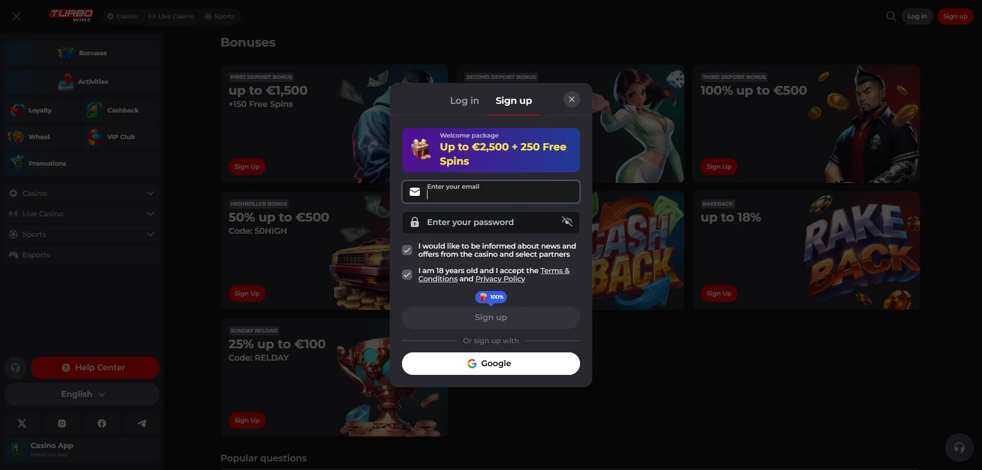 Registrazione su Turbowinz Casino Italia — crea il tuo account